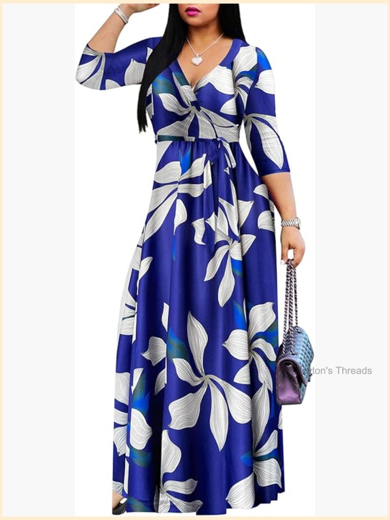 V-Neck Floral Maxi Dress 3/4 Sleeve Bohemian Wrap Evening Party